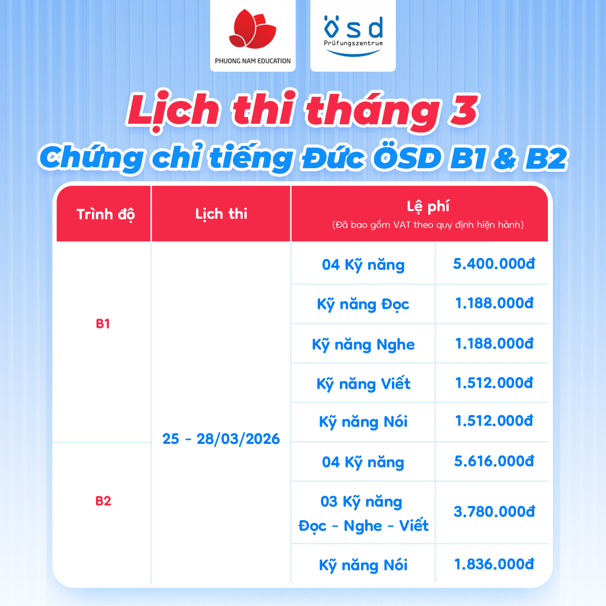 Lịch thi OSD tháng 03.2026 trình độ B1 và B2